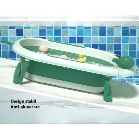 Cada de Baie, pentru Copii 0 luni - 6 Ani, cu Termometru, Pliabila, Perna Suport Inclusa, din Plastic, 81.5 x 49 x 21.5 cm, Verde [3]