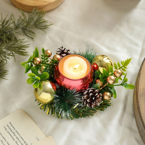 Suport pentru Lumanare de Craciun, Model Glob pentru Brad 2 Conuri, Sfesnic de Tip Ghirlanda, Decoratiune pe Masa de Craciun, 12 x 12 x 6 cm, Rosu [2]