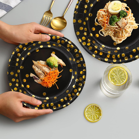 Set 10 Farfurii Unica Folosinta, Imprimeu cu Buline, din Carton, Diametru 23 cm, Negru/Auriu [4]