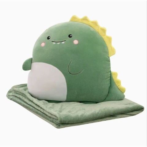 Perne Voiaj, Paturi si Textile - Patura 2in1 pentru Pat sau Canapea, Model Jucarie Dinozaur cu Spatiu de Depozitare Patura, Microfibra, 1x1.7 m, Verde