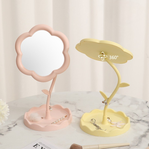 Oglind? de Machiaj pentru Birou, Rotativ?, Detasabil?, Model de Floarea Soarelui, Suport pentru Inele, cu Depozitare, Galbena [2]