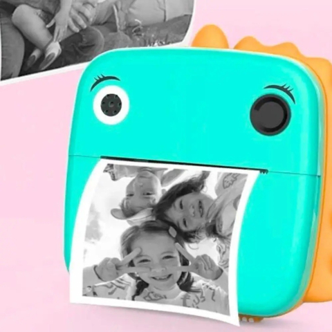 Camera Instantanee pentru Copii, Camera Frontala + Selfie, cu Functie de Printare, Cablu USB-C, Bluetooth, Compatibil iOS/Android, Model Dinozaur, Snur Inclus, Verde [2]
