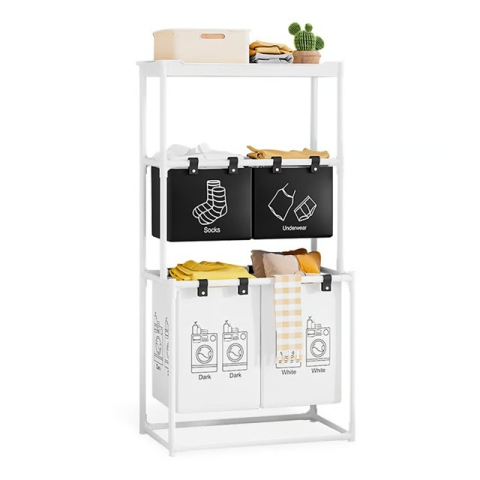 Articole pentru baie - Cos de Rufe, 3 Rafturi, 4 Cosuri, Cadru de Otel Inoxidabil, 123x28x57 cm, 123x44x57 cm, Alb