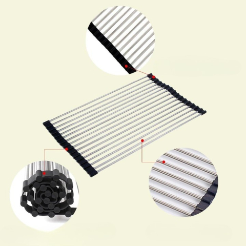 Covoras de Scurgere pentru Chiuveta Bucatarie, din Otel Inoxidabil, Suport Chiuveta, Pliabil, Antiderapant, Usor de Curatat si de Depozitat, 47x36 cm, 18 Tuburi, Negru [3]