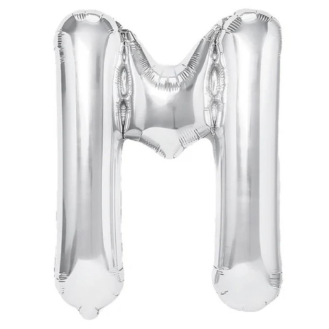 Litere - Balon Folie Metalizata Litera M, 40 cm, Umflati cu Heliu sau Aer, Ambalaj Individual, Pai inclus, Argintiu