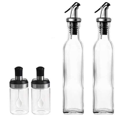 Articole pentru Bucatarie - Sticle si Borcane de Ulei de Masline, Dozator Set 4 Bucati, 2 Sticle cu Dispenser 500 ml/buc, 2 Borcane pentru Condimente cu Capac si Lingura 120ml/buc, Transparent