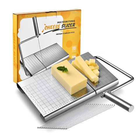 Ustensile pentru Bucătărie - Feliator de Branza, din Otel Inoxidabil, 5 Fire de Rezerva, Maner Ergonomic, Scara de Masurare, 24x21cm, Argintiu