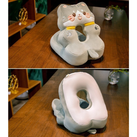 Perna din Spuma, pentru Birou, Calatorii, Model Pisica, Lavabila, Umplutura de Bumbac, Spatiu Cap in Forma de 8, 30x35x30 cm, Gri [2]