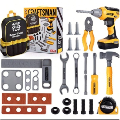 Set Scule de Jucarie pentru Copii, Ghiozdan cu Bormasina si Accesorii Incluse, 28 Piese, Material Plastic Durabil, Interactiv, +3 Ani, 30.5x25x11 cm, Negru/Portocaliu [6]