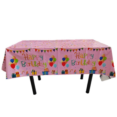 Fete Masa si Perdele Franjurate - Fata de Masa, din Folie, Imprimeu Happy Birthday cu Baloane, 137 x 274 cm, Roz