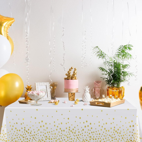 Fata de Masa, din Folie, Imprimeu Stele Aurii, Impermeabila, 137 x 274 cm, Alb [1]