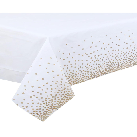 Fete Masa si Perdele Franjurate - Fata de Masa, din PEVA, Imprimeu Buline, 137 x 274 cm, Impermeabila, Fara Pete, Curatare Rapida, Bej