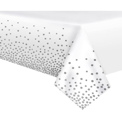 Fete Masa si Perdele Franjurate - Fata de Masa, din PEVA, Imprimeu Buline, 137 x 274 cm, Impermeabila, Fara Pete, Curatare Rapida, Gri