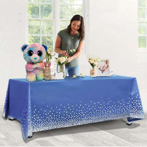 Fata de Masa, din PEVA, Imprimeu Buline Argintii, 137 x 274 cm, Impermeabila, Fara Pete, Curatare Rapida, Albastru Inchis [3]