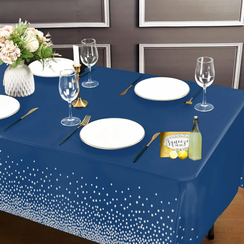 Fata de Masa, din PEVA, Imprimeu Buline Argintii, 137 x 274 cm, Impermeabila, Fara Pete, Curatare Rapida, Albastru Inchis [4]