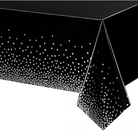 Fete Masa si Perdele Franjurate - Fata de Masa, din PEVA, Imprimeu Buline Argintii, 137 x 274 cm, Impermeabila, Fara Pete, Curatare Rapida, Negru