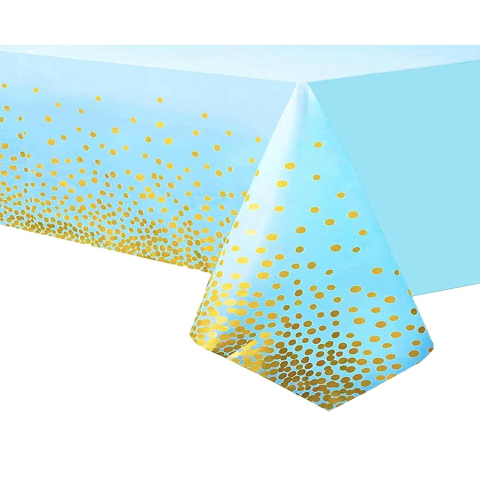 Fete Masa si Perdele Franjurate - Fata de Masa, din PEVA, Imprimeu Buline Aurii, 137 x 274 cm, Impermeabila, Fara Pete, Curatare Rapida, Albastru
