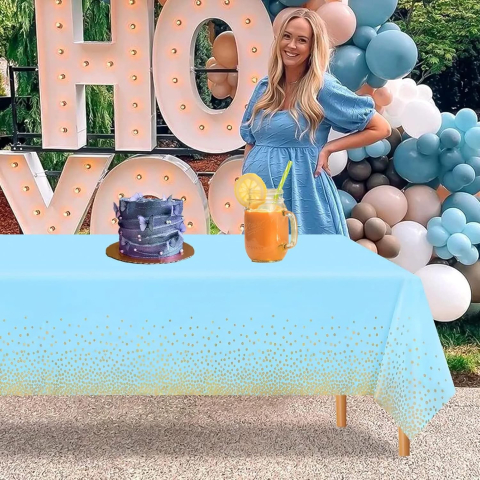 Fata de Masa, din PEVA, Imprimeu Buline Aurii, 137 x 274 cm, Impermeabila, Fara Pete, Curatare Rapida, Albastru [2]