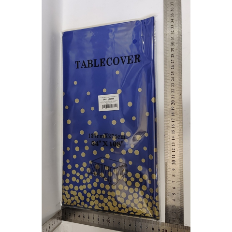 Fata de Masa, din PEVA, Imprimeu Buline Aurii, 137 x 274 cm, Impermeabila, Fara Pete, Curatare Rapida, Albastru Inchis [1]
