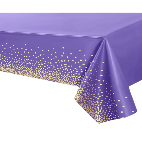 Fete Masa si Perdele Franjurate - Fata de Masa, din PEVA, Imprimeu Buline Aurii, 137 x 274 cm, Impermeabila, Fara Pete, Curatare Rapida, Mov