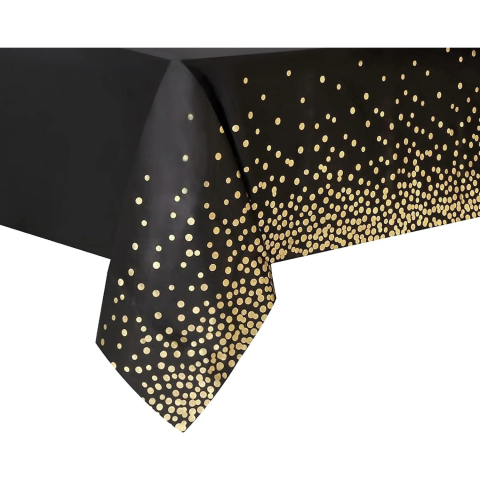 Fete Masa si Perdele Franjurate - Fata de Masa, din PEVA, Imprimeu Buline Aurii, 137 x 274 cm, Impermeabila, Fara Pete, Curatare Rapida, Negru