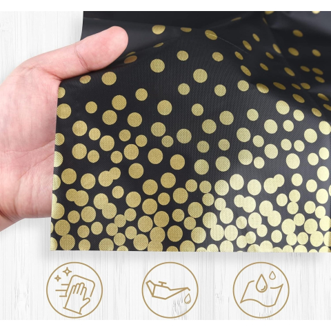 Fata de Masa, din PEVA, Imprimeu Buline Aurii, 137 x 274 cm, Impermeabila, Fara Pete, Curatare Rapida, Negru [1]