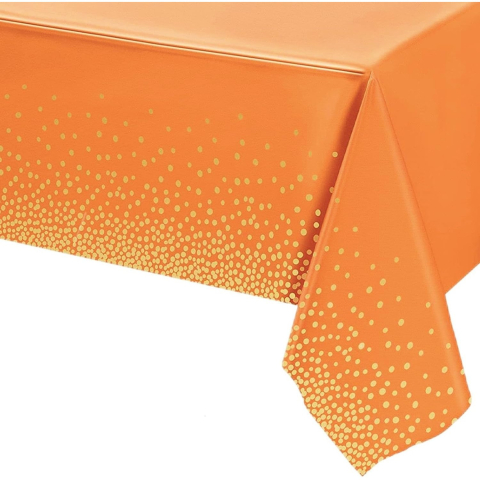 Fete Masa si Perdele Franjurate - Fata de Masa, din PEVA, Imprimeu Buline Aurii, 137 x 274 cm, Impermeabila, Fara Pete, Curatare Rapida, Portocaliu