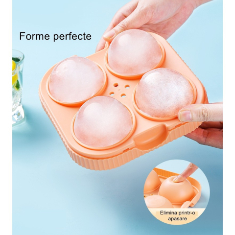 Forma Sfere de Gheata pentru Wiskey si Cocktail-uri 4 Sfere, Material Plastic/Silicon Alimentar, Diametru 6.5 cm, cu Orificiu Tip Palnie pentru Umplere, 17 x 17 x 7 cm, Portocaliu [4]