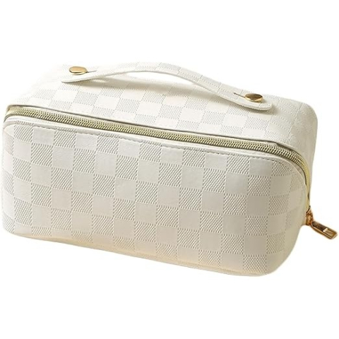 Genti Cosmetice si Organizare - Geanta de Calatorie Pentru Cosmetice, Portabila, Impermeabila, din Piele Ecologica, Compartimente Multiple, cu Fermoar, 22 x 13 x 12.5 cm, In Carouri, Alb
