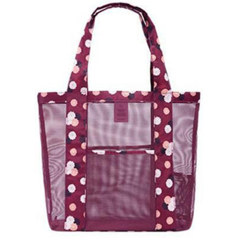 Geanta de Plaja, din Plasa Transparenta, Imprimeu Floral, 43 x 10 x 33 cm, Model pentru Umar, Lungime Inferioara 33 cm, Burgundy [5]