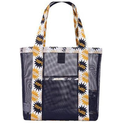 Genti, Portofele, Penare - Geanta de Plaja, din Plasa Transparenta, Imprimeu Oops, 43 x 10 x 33 cm, Model pentru Umar, Lungime Inferioara 33 cm, Negru