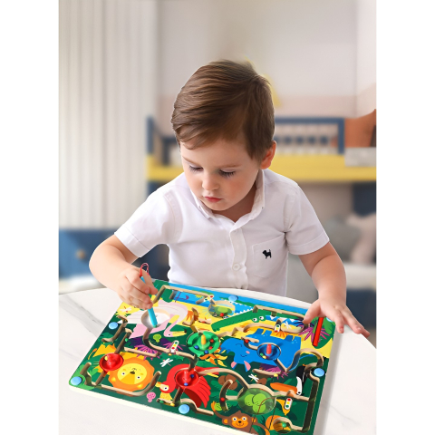 Joc Montessori de Sortare Culori, Creion Magnetic, Tip Labirint Ilustrat, din Lemn, Model Animale Salbatice, 39x29x1.5 cm [4]