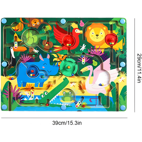 Joc Montessori de Sortare Culori, Creion Magnetic, Tip Labirint Ilustrat, din Lemn, Model Animale Salbatice, 39x29x1.5 cm [10]