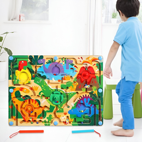 Joc Montessori de Sortare Culori, Creion Magnetic, Tip Labirint Ilustrat, din Lemn, Model Dinozauri, 39x29x1.5 cm [4]