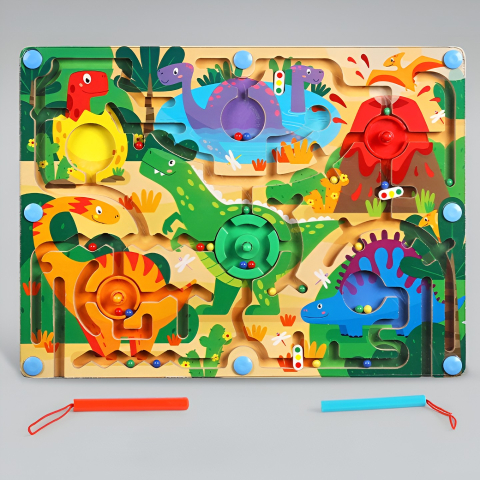 Joc Montessori de Sortare Culori, Creion Magnetic, Tip Labirint Ilustrat, din Lemn, Model Dinozauri, 39x29x1.5 cm [2]