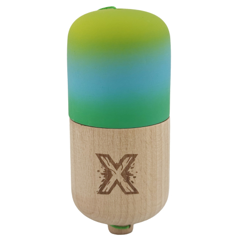 Kendama Pill - Kendama Pill X Originala, Profesionala Model Rubber Grip Pilula, din Lemn, Varsta 9+, Ata 62/65 cm, 11 x 5 x 5 cm, Gradient Galben/Albastru/Verde