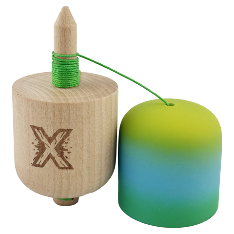 Kendama Pill X Originala, Profesionala Model Rubber Grip Pilula, din Lemn, Varsta 9+, Ata 62/65 cm, 11 x 5 x 5 cm, Gradient Galben/Albastru/Verde [2]