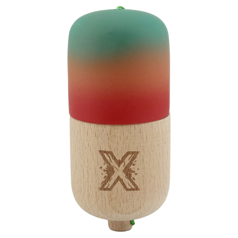 Kendama Pill - Kendama Pill X Originala, Profesionala Model Rubber Grip Pilula, din Lemn, Varsta 9+, Ata 62/65 cm, 11 x 5 x 5 cm, Gradient Verde/Portocaliu/Rosu