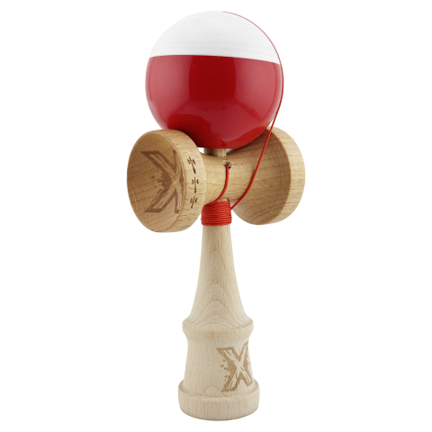Kendama X Originala, Profesionala, Big Cups V2, Super Sticky cu Cupe Mari, Rulment Metalic, din lemn 18 cm, Ata 55 cm, Alb/Rosu [1]