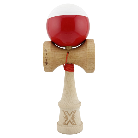 Kendama Super Sticky V2 Cupe Mari - Kendama X Originala, Profesionala, Big Cups V2, Super Sticky cu Cupe Mari, Rulment Metalic, din lemn 18 cm, Ata 55 cm, Alb/Rosu