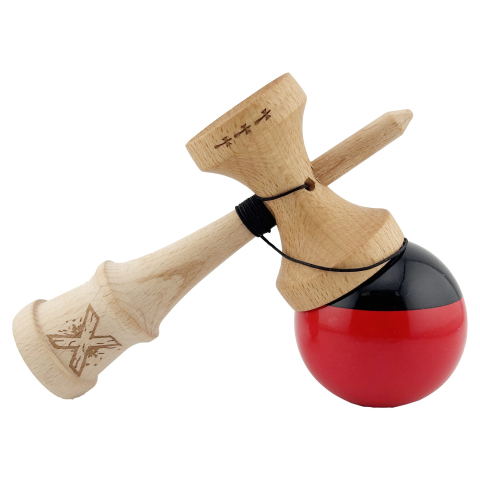 Kendama X Originala, Profesionala, Big Cups V2, Super Sticky cu Cupe Mari, Rulment Metalic, din lemn 18 cm, Ata 55 cm, Negru/Rosu [3]