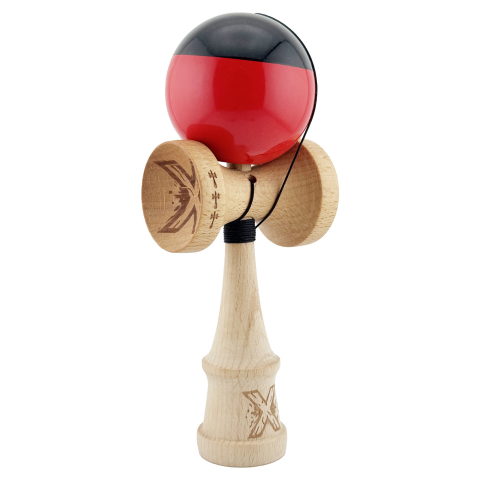 Kendama X Originala, Profesionala, Big Cups V2, Super Sticky cu Cupe Mari, Rulment Metalic, din lemn 18 cm, Ata 55 cm, Negru/Rosu [1]
