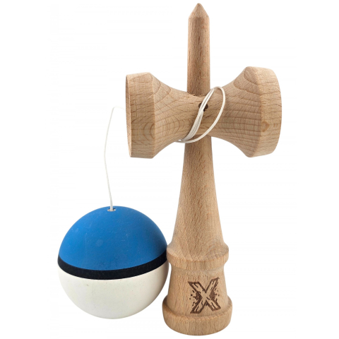 Kendama X Originala, Profesionala, din Lemn, 18 cm, Rubber Grip, Albastru/Alb [3]