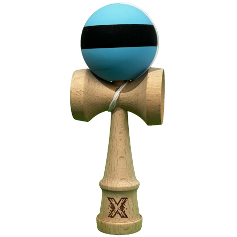Kendama Rubber Grip - Kendama X Originala, Profesionala, din Lemn, 18 cm, Rubber Grip, Dungi Albastru/Negru