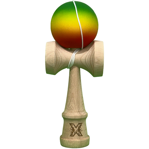 Kendama Rubber Grip - Kendama X Originala, Profesionala, din Lemn cu Bila Cauciucata, 18 cm, Gradient Verde/Galben/Rosu