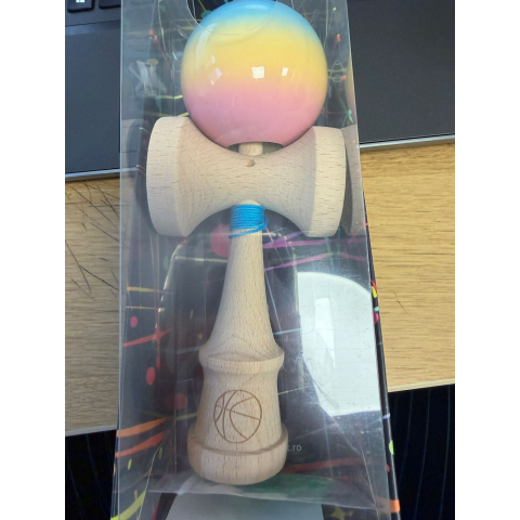 Kendama Rubber Grip - Kendama X Originala, Profesionala, din Lemn, Rubber Grip, 18 cm, Albastru/Galben/Roz