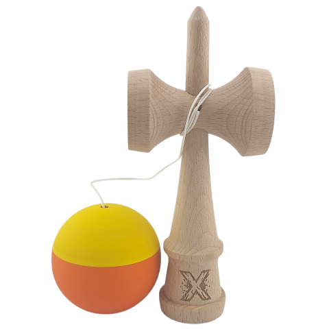 Kendama X Originala, Profesionala, din Lemn, Rubber Grip, 18 cm, Galben/Portocaliu [1]