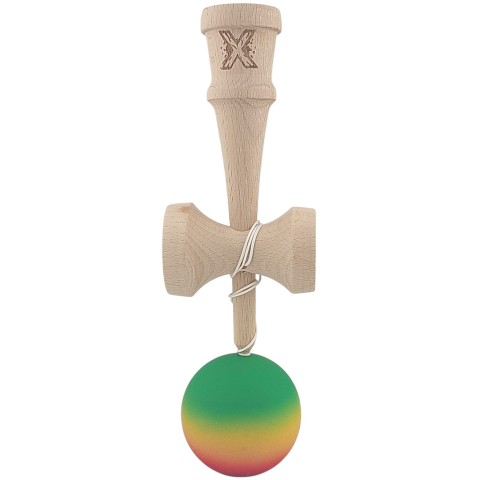 Kendama X Originala, Profesionala, din Lemn, Rubber Grip, 18 cm, Gradient Verde/Galben/Rosu [1]