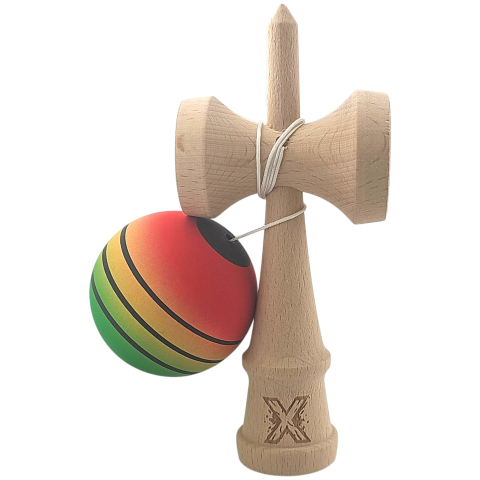 Kendama X Originala, Profesionala, din Lemn, Rubber Grip, 18 cm, Rosu/Galben/Verde [1]