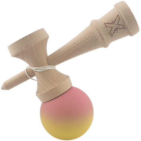 Kendama X Originala, Profesionala, din Lemn, Rubber Grip, 18 cm, Roz/Galben [2]